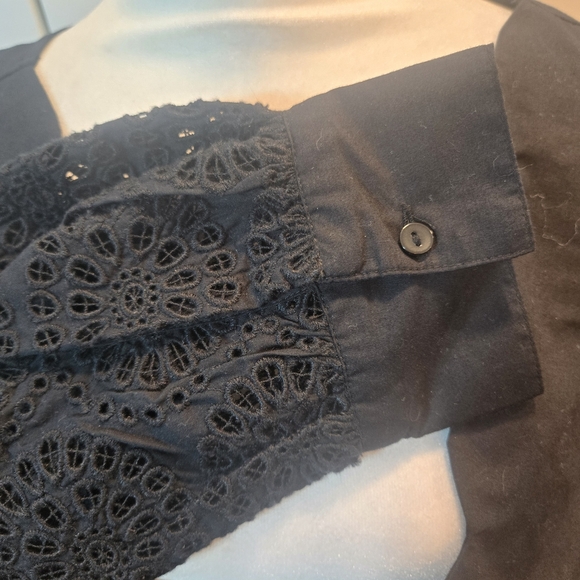 Eyelet Embroidered Balloon Sleeve Plunge V-Neck Cropped Top Black Small - Picture 7 of 8